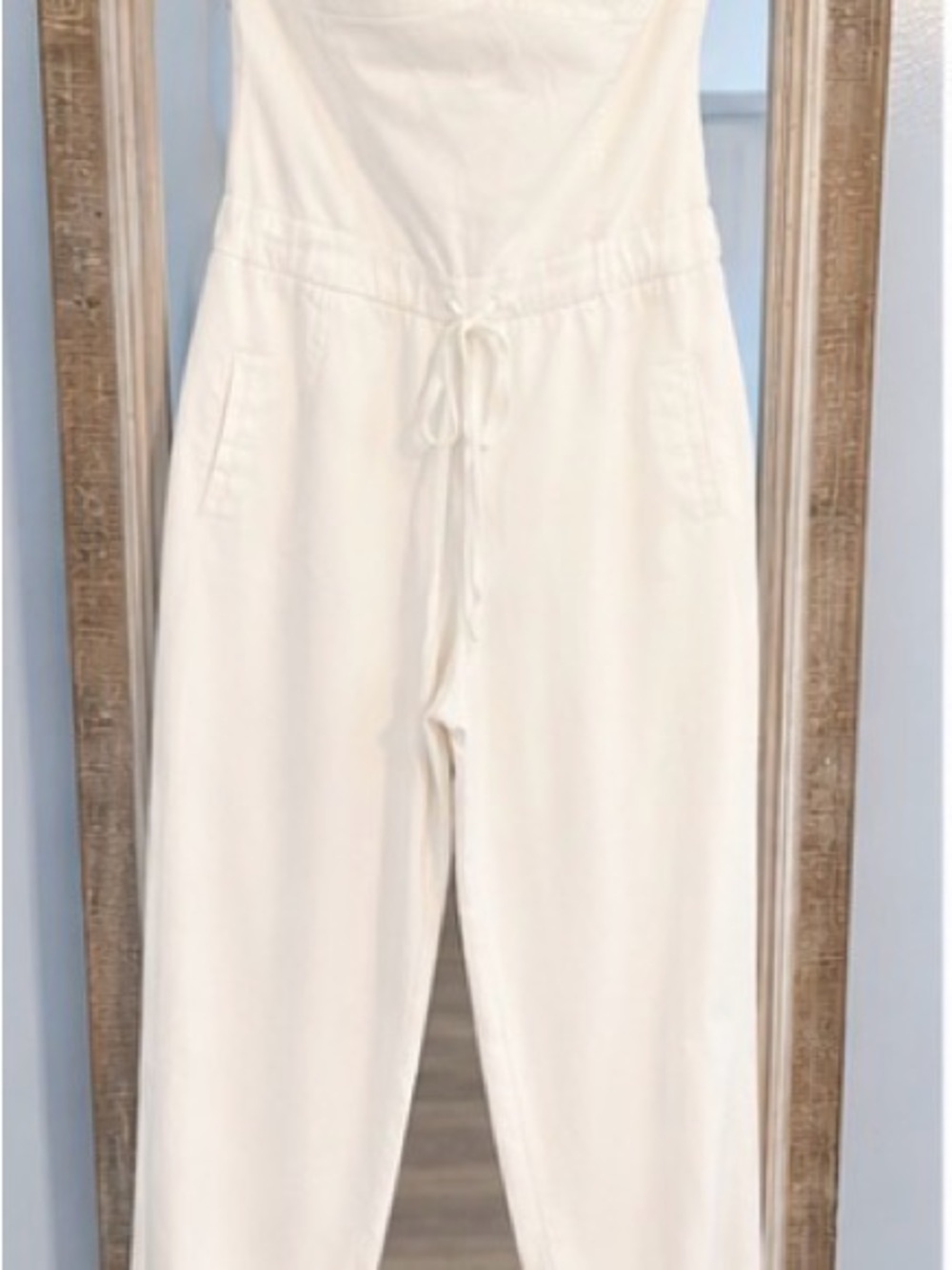 bebe Cream Drawstring Strapless Jumpsuit